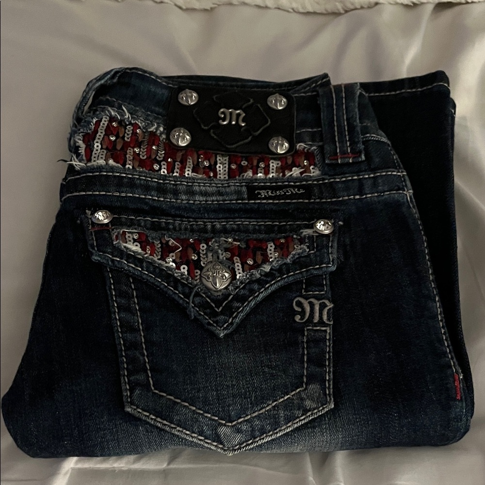 Miss Me Dark Blue Boot Cut Jeans with Red Accents